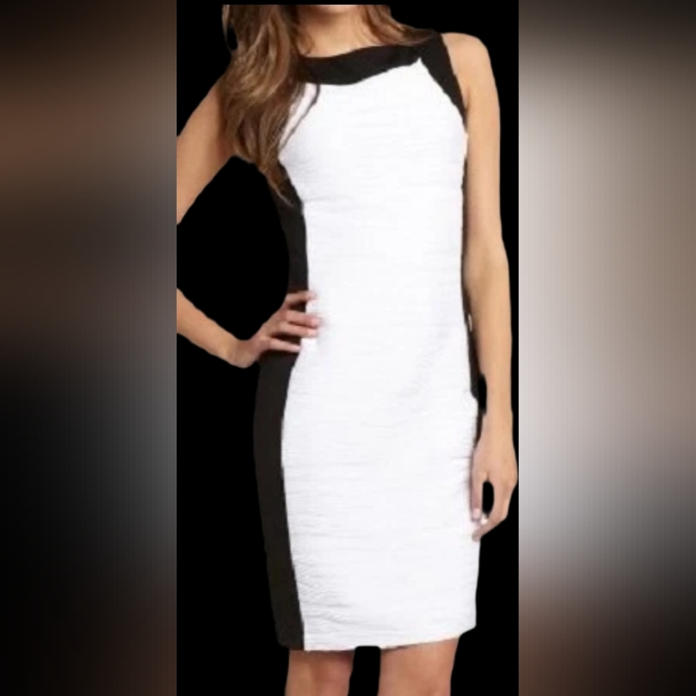 Calvin Klein Sleeveless Color Block Sheath Dress Black White Textured Size 4